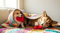 Two adorable dogs cuddling under colorful quilted blanket with red heart toys on cozy sofa by window creating warm romantic Valentine's Day scene.