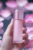 Female hand holding pink cosmetic bottle with rose petals background, soft focus beauty product photography for skincare and makeup advertising.