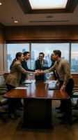 Diverse business professionals shaking hands in modern conference room with city skyline view during successful corporate meeting and partnership agreement.