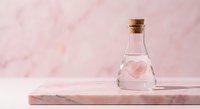 Glass bottle with cork stopper containing pink rose petals on marble surface against soft pink textured background for spa and wellness concepts.