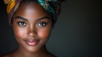 Young African woman wearing colorful headwrap smiling at camera against dark background, natural makeup and glowing skin highlighting facial features.
