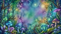 Enchanted forest scene with glowing mushrooms, magical lights, and vibrant foliage creating a whimsical woodland atmosphere for fantasy and children's book illustrations.