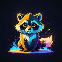 Cute cartoon raccoon with glowing neon effect sits on colorful luminescent surface. Magical forest animal character with blue and orange fur against dark background.