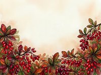 Red berries with green and burgundy foliage arranged along bottom border on cream watercolor background, suitable for greeting cards, invitations, and seasonal design projects.