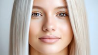 Young Caucasian woman with platinum blonde hair and natural makeup smiling gently against light background. Clean minimalist beauty portrait showing radiant skin.