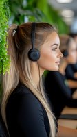 Young blonde woman wearing headphones in modern office environment with green plants, customer service representative at work.