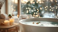 Luxurious milk bath with rose petals, lit candles and bokeh lights creating spa atmosphere. White towels and aromatherapy elements set romantic wellness mood.