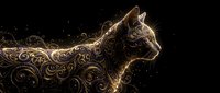 Ornate golden cat silhouette with intricate swirling patterns and decorative elements on black background for luxury design projects.