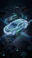 Futuristic holographic car projection on circuit board with glowing data interfaces and digital displays for automotive technology concepts.