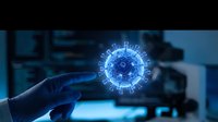 Scientist finger pointing at glowing blue coronavirus particle with digital holographic projection in modern laboratory research facility for medical study.