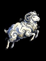 Leaping ram with swirling blue and cream wool, watercolor ink style, isolated on transparent background. Great for stickers, t-shirt design, and print on demand.