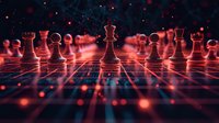 Chess pieces on glowing digital grid with red and blue neon lighting effects, representing strategy and technology in modern competitive gaming environment.