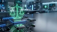 Digital justice scales hologram on computer circuit board representing legal technology, AI law, cyber ethics and digital rights in modern tech environment.