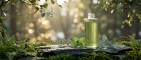 Green herbal essential oil bottle on moss-covered stone in natural forest setting with soft sunlight filtering through leaves for aromatherapy wellness.