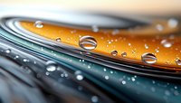 Water droplets on sleek metallic surface with orange and teal gradient colors creating modern abstract background for technology and design projects.