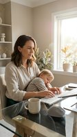 Young mother working from home with baby on laptop in bright modern kitchen, multitasking parent balancing career and childcare in comfortable domestic setting.