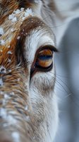 Extreme close-up of a deer's amber eye with snowflakes on fur, showing intricate details and reflecting winter light in golden and blue tones. Artistic wildlife photography.