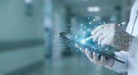 Doctor holding tablet with digital brain hologram and neural network connections in modern medical facility for healthcare technology innovation.