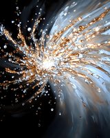 Dynamic explosion of copper and white particles against dark background creates dramatic motion effect with radiating light burst and scattered metallic elements.