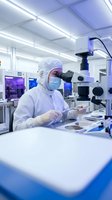 Laboratory technician in protective suit working with microscope in sterile cleanroom environment for semiconductor manufacturing and quality control analysis.