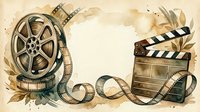 Vintage film reel and movie clapper board with filmstrip and golden foliage on aged paper background, suitable for cinema, entertainment, and media design projects.