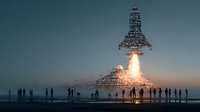 Digital rocket launch with glowing engine flames and silhouetted crowd watching spectacular space mission takeoff against twilight sky for technology concepts.
