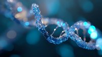 Glowing DNA helix structure with water splash effect on dark background with blue bokeh lights, representing genetic research and biotechnology advancement.