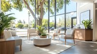 Modern bright waiting area with floor-to-ceiling windows, comfortable beige seating, round coffee table, and indoor plants creating a welcoming atmosphere for office or medical facility.