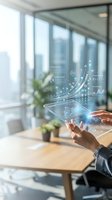 Hands holding transparent tablet with holographic data visualization and growth charts in modern office environment for business analytics and digital transformation.