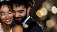 Happy African American couple embracing at elegant wedding celebration with romantic golden bokeh lights creating intimate atmosphere for special moment.