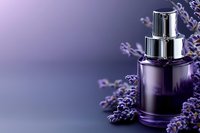 Luxury lavender essential oil bottle with pump dispenser surrounded by fresh purple lavender flowers on gradient background for aromatherapy and wellness.