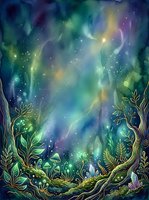 Enchanted forest landscape with glowing aurora borealis lights, magical plants, and luminous particles creating a mystical woodland scene for fantasy and nature designs.