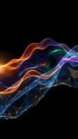 Abstract digital wave with colorful flowing lines and geometric mesh pattern on black background for modern technology designs.