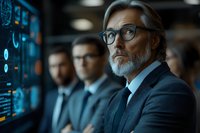Senior Caucasian businessman with gray beard and glasses analyzing digital data on futuristic screens with team members in dark corporate environment.