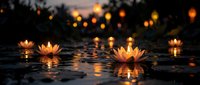 Floating lotus lanterns glowing warmly on dark water surface during evening festival celebration creating peaceful spiritual atmosphere with soft bokeh lights.