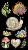 Decorative botanical and nature elements featuring ornamental snails, colorful flowers, mushroom, and leafy sprigs with intricate patterns isolated on transparent background, ready for t-shirt design, stickers, clipart, and print-on-demand projects.