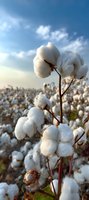 Ripe cotton bolls on plant against blue sky and clouds, close-up view of natural cotton field during harvest season showing fluffy white cotton balls.