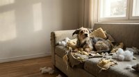 Mischievous dog surrounded by torn stuffing and cushion filling on damaged couch near window, depicting destructive pet behavior and home damage.
