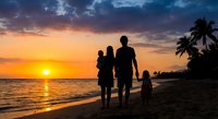 Family silhouettes walking on tropical beach at sunset with palm trees and golden sky reflection on ocean waves creating peaceful vacation moment.