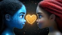 Magical romantic scene with glowing heart between faces of young woman with red hair and luminous blue figure in profile against dark background with sparkles.