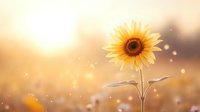 Single sunflower blooming in golden morning light with bokeh effect and floating particles creating dreamy summer atmosphere against blurred nature background.
