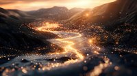 Magical glowing particles floating over mountain landscape at sunset, creating ethereal light trails across valley with bokeh effect and warm atmospheric glow.
