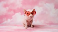 Adorable pink piglet wearing heart-shaped red sunglasses sitting against dreamy pink cloudy background for Valentine's Day romance concepts.