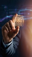 Businessman hand touching glowing efficiency rating A+ icon with upward arrow on digital interface against circuit board background for business performance and technology concepts.