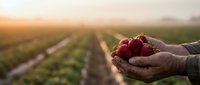 Farmer hands holding fresh ripe strawberries at sunset in agricultural field. Organic fruit harvest concept for healthy eating and sustainable farming.