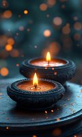 Traditional oil lamps with glowing flames create warm ambiance against bokeh lights background for Diwali festival celebration and spiritual meditation.