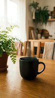 Black ceramic mug on wooden table with houseplant in cozy home interior featuring natural light and warm atmosphere for morning coffee routine.