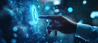Male hand touching glowing digital power button in dark blue futuristic environment with bokeh light effects, concept of digital transformation and technology innovation.