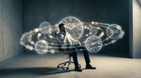 Businessman in dark suit examining glowing digital clock and gear network interface, representing time management, productivity, and technology innovation for corporate solutions.