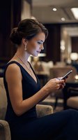 Elegant woman with dark hair styled in an updo, wearing a black sleeveless top and pearl earrings, holding a smartphone while seated indoors in a modern luxury setting.